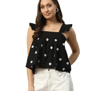 FIORRA Women's Cotton Regular Fit Crop Top with Embroidery Detail and Solid Pattern